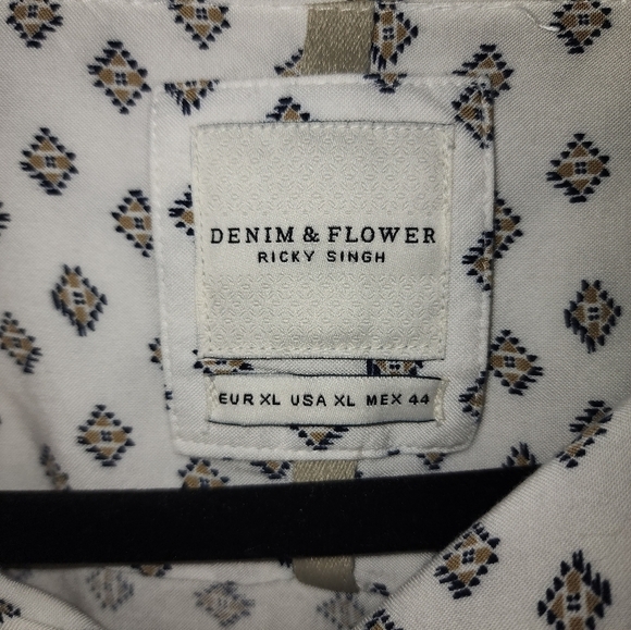 Ricky Singh Denim & Flowers Button Down Short Sleeve XL Off White - Picture 5 of 8
